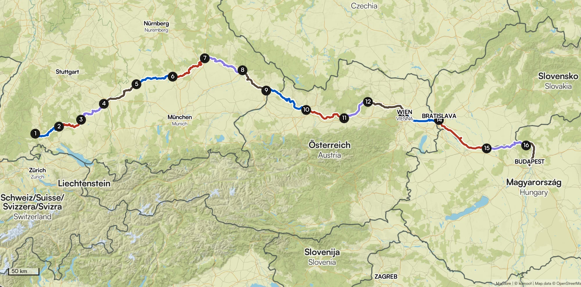 Route map: Donaueschingen to Budapest, all daily stages