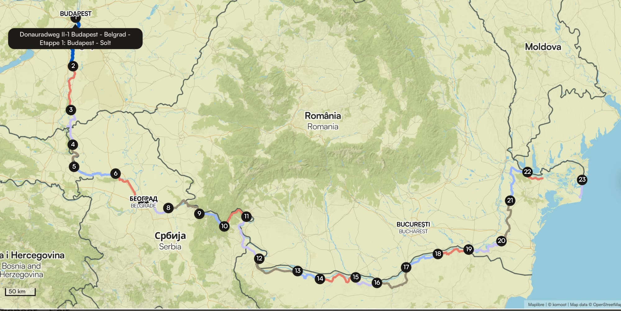 Route map: Budapest to the Black Sea, daily stages 1–23