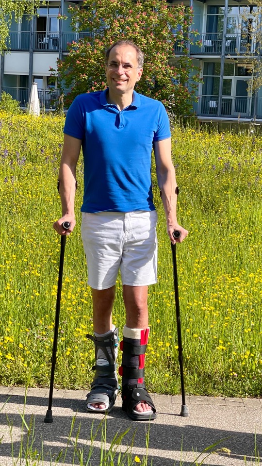 Walking with crutches outdoors