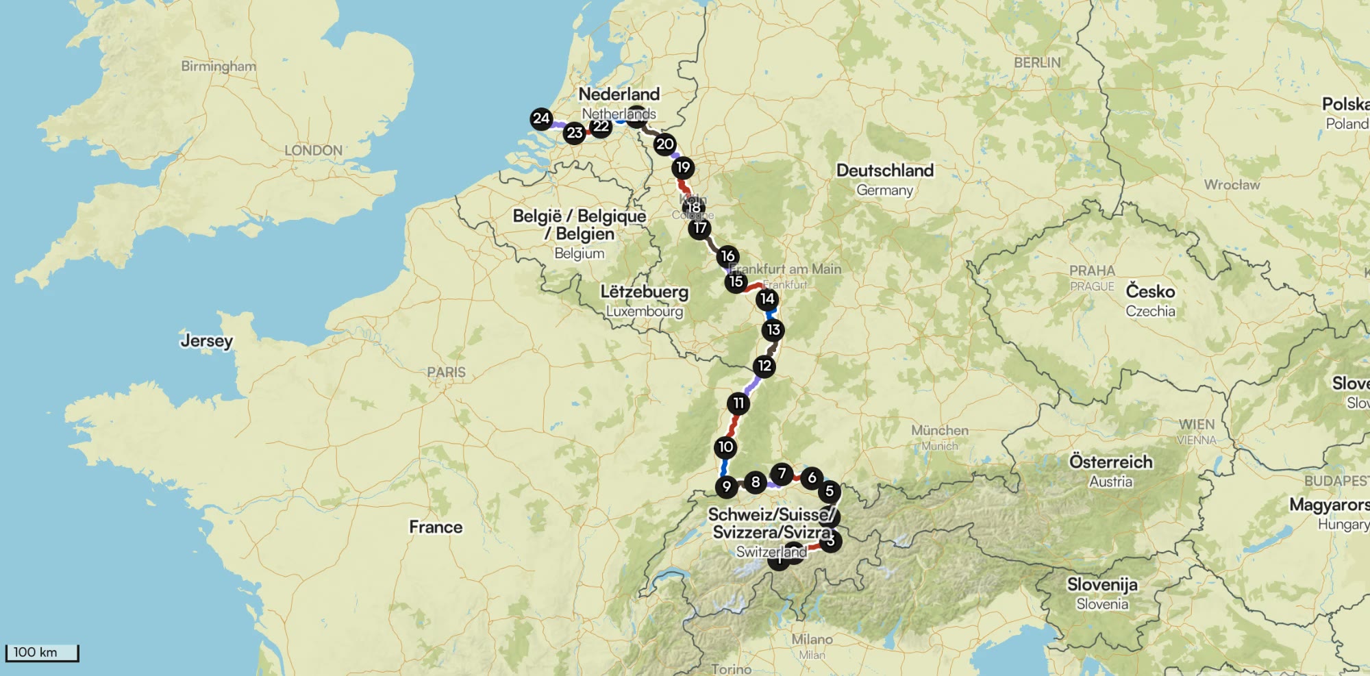 Route map: from the source to the mouth, all daily stages